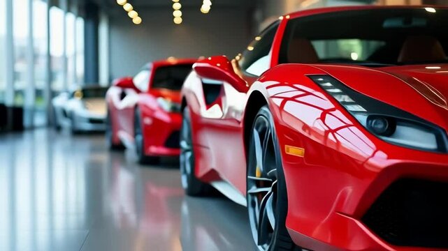 Car showroom. Lineup of luxury modern cars for sale. Cars waiting for sales of branch dealers and new car service center