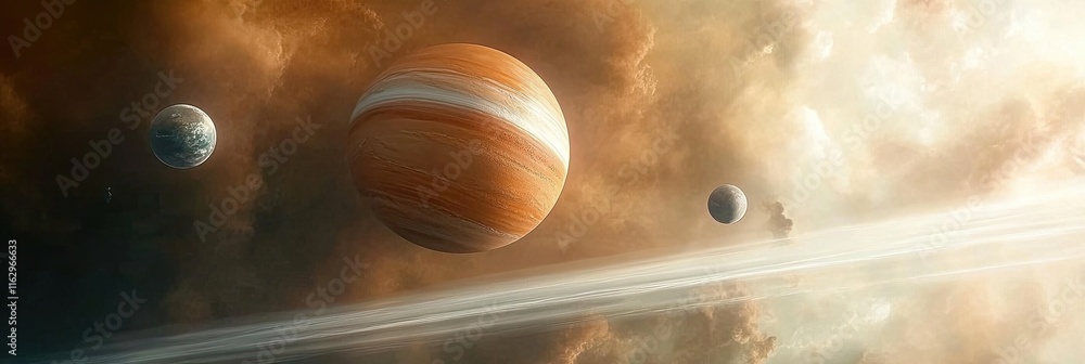 Poster exploring the wonders of a planetary system with three radiant suns in a cosmic tapestry