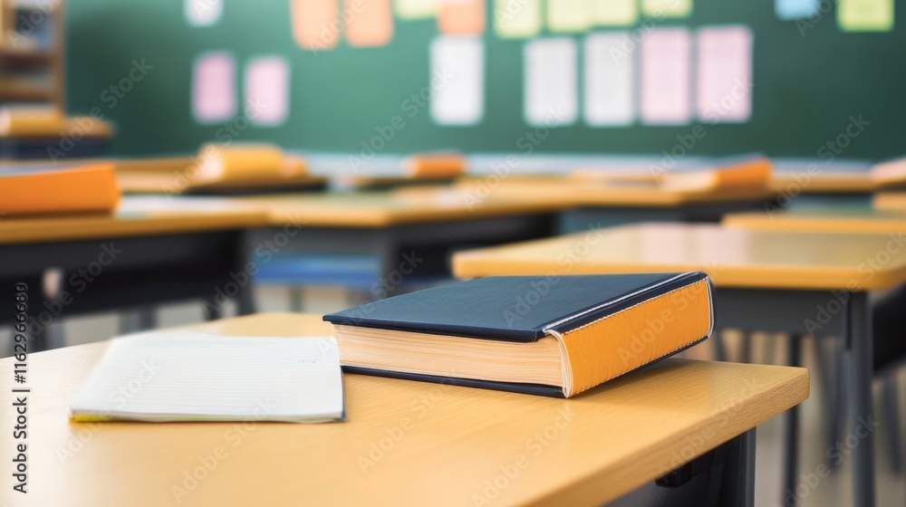 Poster a classroom setting with books and desks.