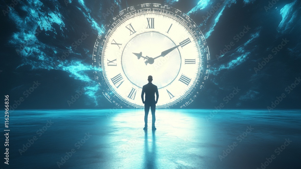 Poster a figure contemplates time in a surreal setting.