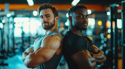 Caucasian man and black man posing back to back in a brightly lit gym, with rows of weights and machines in the background