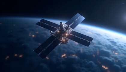 Fototapeta premium High-tech satellite orbiting Earth, showcasing advanced space technology and solar panels 
