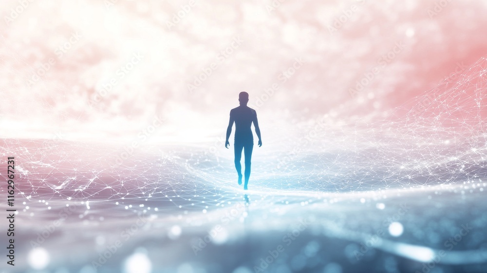 Poster a figure walking in an ethereal digital space.