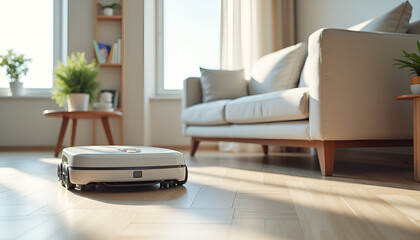 Smart robotic vacuum cleaner operating in modern living room, showcasing home automation technology
