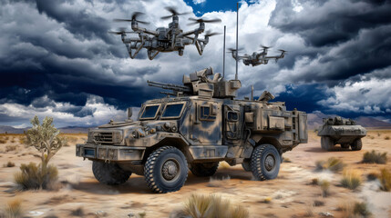 Futuristic mobile air defense unit patrolling desert landscape under stormy sky