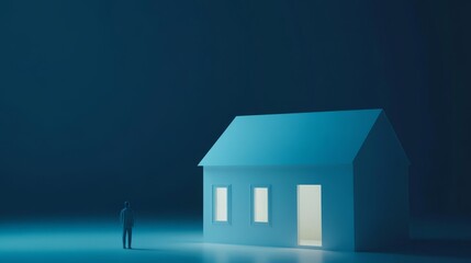 A minimalistic house illuminated in blue hues.