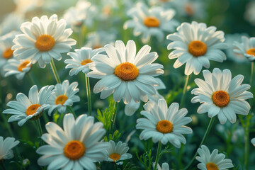 Fototapeta premium field with daisies. The flowers have white petals and bright yellow centers.