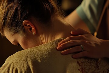 Relaxation therapy session focused on a clients neck area in a serene treatment room at sunset