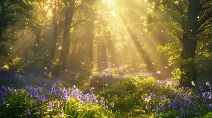 Obraz premium A tranquil forest clearing with sunbeams streaming through the trees, illuminating a carpet of bluebells in bloom. 
