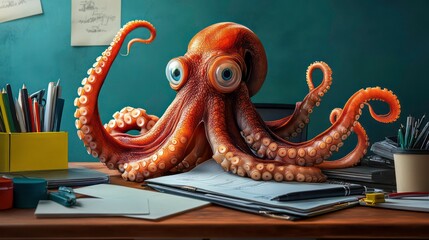 An octopus managing multiple tasks at a desk, symbolizing multitasking and work organization.