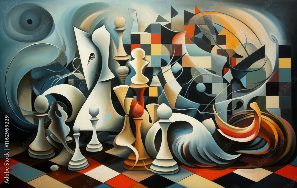 Poster a surreal depiction of a chessboard with fragmented pieces and overlapping squares in abstract cubis