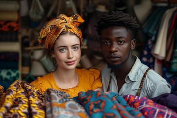 A diverse couple showcases vibrant fabrics amid their colorful textile shop, embodying cultural richness and creativity.