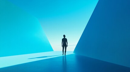 Obraz premium A solitary figure in a serene blue space.