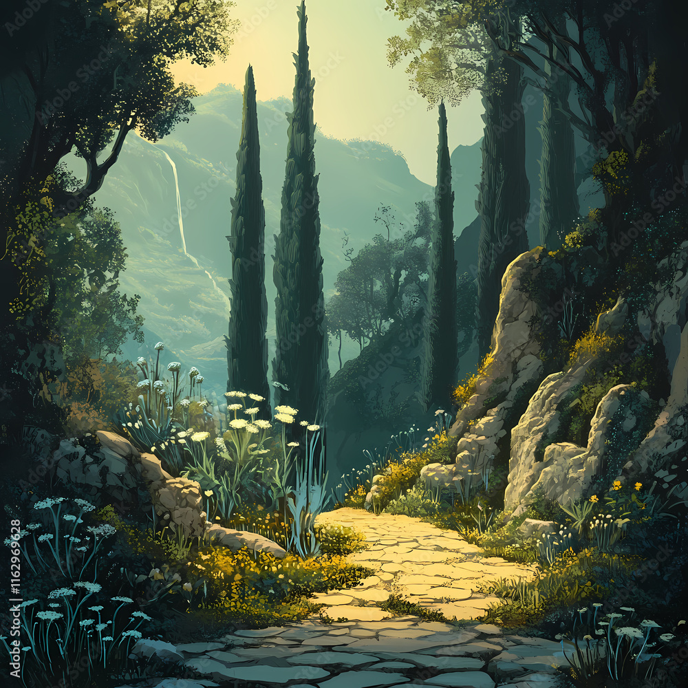 Poster Serene pathway through lush greenery with cypress trees and distant waterfalls at dusk. Generative AI