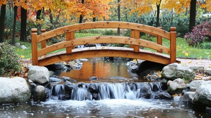 Obraz premium Water positive async Esg fintech Forest bathing Squarespace designer Mental coach Giftee Grow therapy Tunetank Dezgo Wooden arched bridge crossing small waterfall in autumn park, peaceful nature scen