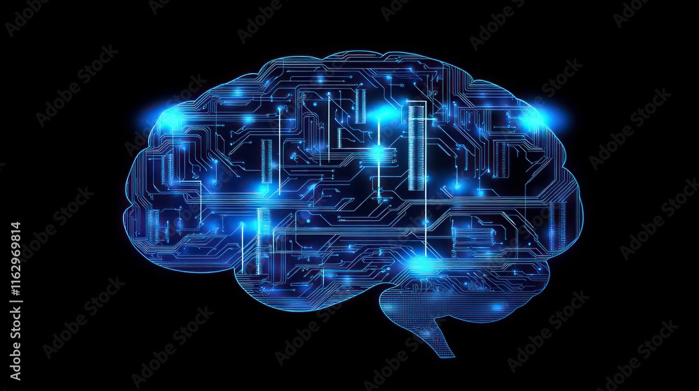 Poster big data and artificial intelligence concept. human brain glowing from processor, symbolizing the fu