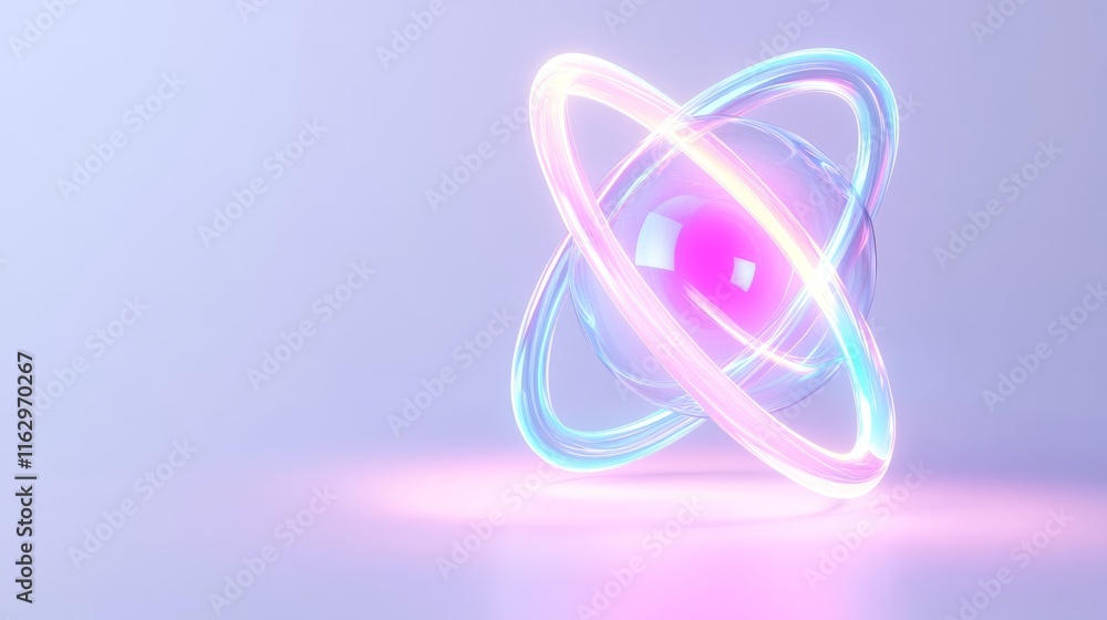 Poster abstract atomic model with glowing elements.