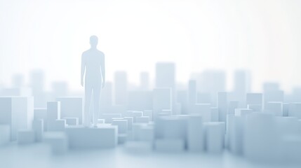 Abstract cityscape with a lone figure silhouette.