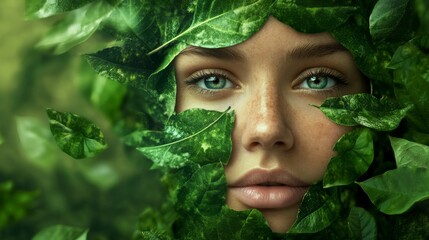 A young woman is surrounded by lush green leaves, her striking eyes visible among the foliage. She exudes a calm vibe in a tranquil natural environment, capturing the essence of harmony