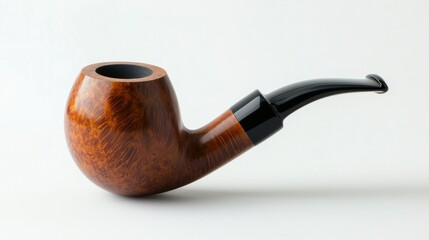 A beautifully crafted wooden pipe sits against a white backdrop, showcasing its smooth curves and polished finish. The design highlights craftsmanship and detail, ideal for promotion