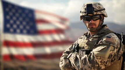 Fototapeta premium A soldier in camouflage gear stands with arms crossed, looking determined. Behind him, an American flag billows in the wind under a clear sky in a desert environment
