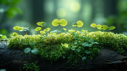 Young Plants Growing On Moss Covered Log