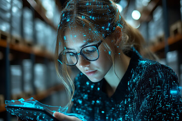 illustration of a warehouse worker checking shipping labels and stock list on a digital tablet symbolizing logistics and technology integration.