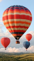 Obraz premium Colorful hot air balloons floating in sky over green landscape during sunset perfect for travel adventure festival vacation background scenic peaceful vibrant bright clouds ballooning experience colo