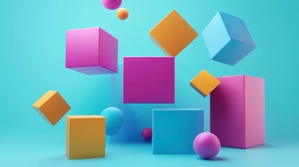 Obraz premium Abstract 3D Colorful Cubes and Spheres Composition on Light Blue Background