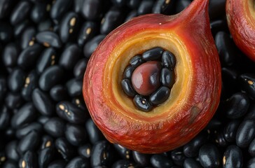 Close-up of Red Palm Fruit with Black Beans
