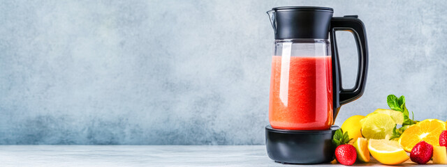 Naklejka premium Electric blender making fresh smoothie with various fruits and herbs