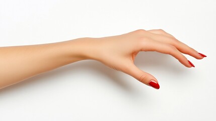 Woman's hand with red nails,  reaching, isolated on white.