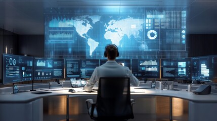 Virtual world architect technologist in a modern workspace analyzing global data streams through advanced screens