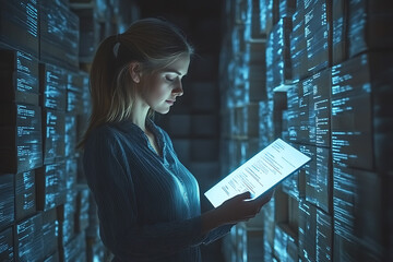 illustration of a warehouse worker checking shipping labels and stock list on a digital tablet symbolizing logistics and technology integration.