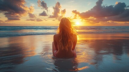 Fototapeta premium Sunset beach portrait with a smiling woman enjoying the golden hour by the ocean