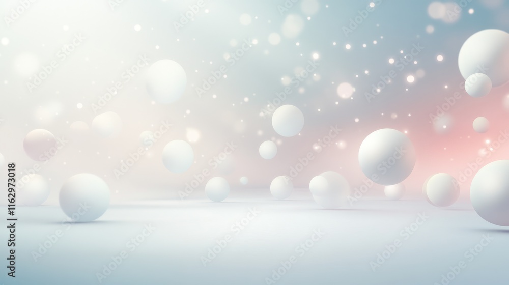 Poster abstract spheres floating in soft light background.