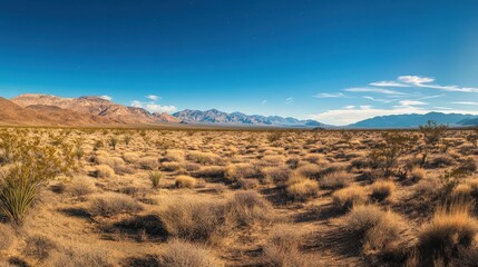 Vast Desert Landscape Under Clear Blue Sky with Mountains in Distance