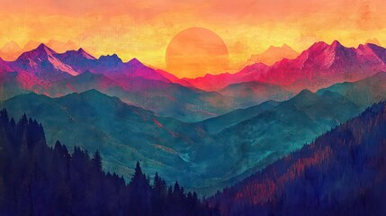 Obraz premium Colorful mountains with a vibrant sunset over a forested landscape