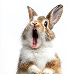 Funny shocked rabbit with open mouth on isolated white background. Big discounts, surprise, news, raffle concept. Generated AI