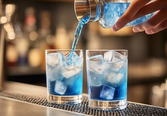 Bartender Pouring Blue Lagoon Cocktail with Ice