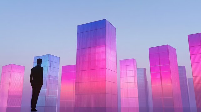 Abstract urban scene with colorful structures.