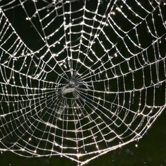 Obraz premium A dew-laden spiderweb shimmers in the darkness capturing the intricate beauty of nature's delicate artistry.