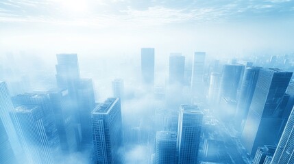 Naklejka premium Aerial view of skyscrapers in misty atmosphere.