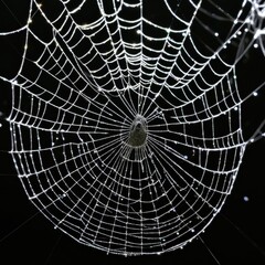 Obraz premium A dew-laden spiderweb shimmers in the darkness capturing the intricate beauty of nature's delicate artistry.