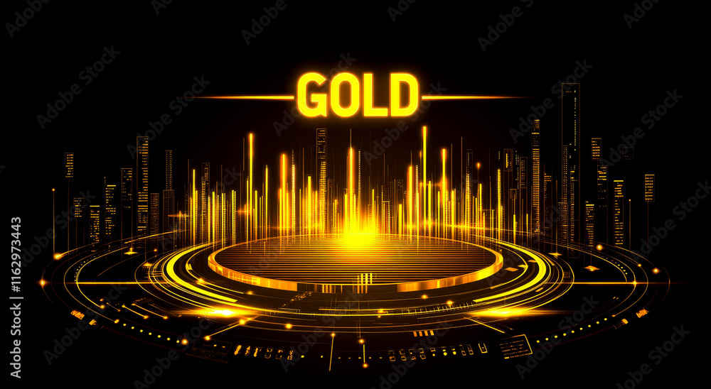 Poster gold text hovers over a glowing futuristic cityscape with circular patterns. concept: technology and