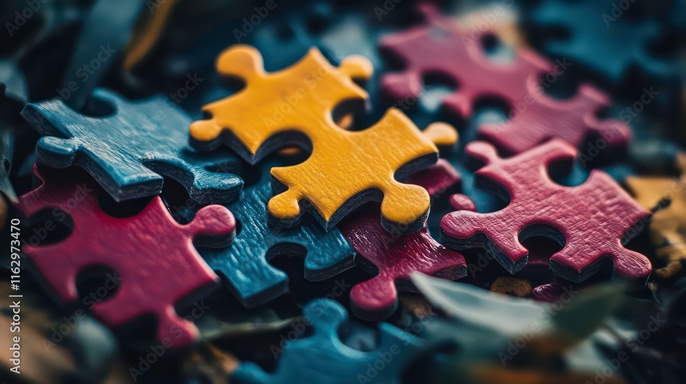 Poster colorful puzzle pieces symbolize finding solutions and problem-solving.