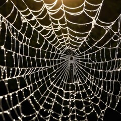 Obraz premium A dew-laden spiderweb shimmers in the darkness capturing the intricate beauty of nature's delicate artistry.