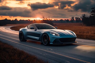 Fototapeta premium A sleek blue sports car drives along a winding road at sunset, showcasing modern design and speed.