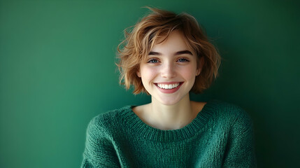 Cheerful young woman with short, tousled hair in a green sweater, smiling brightly against a solid green background