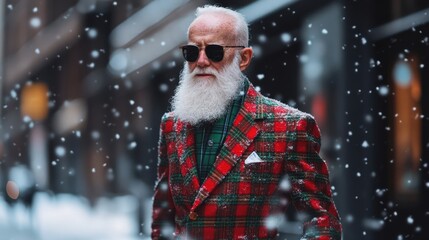 Stylish Senior Man in a Red Plaid Suit Walking in Snowy City Scene with Sunglasses